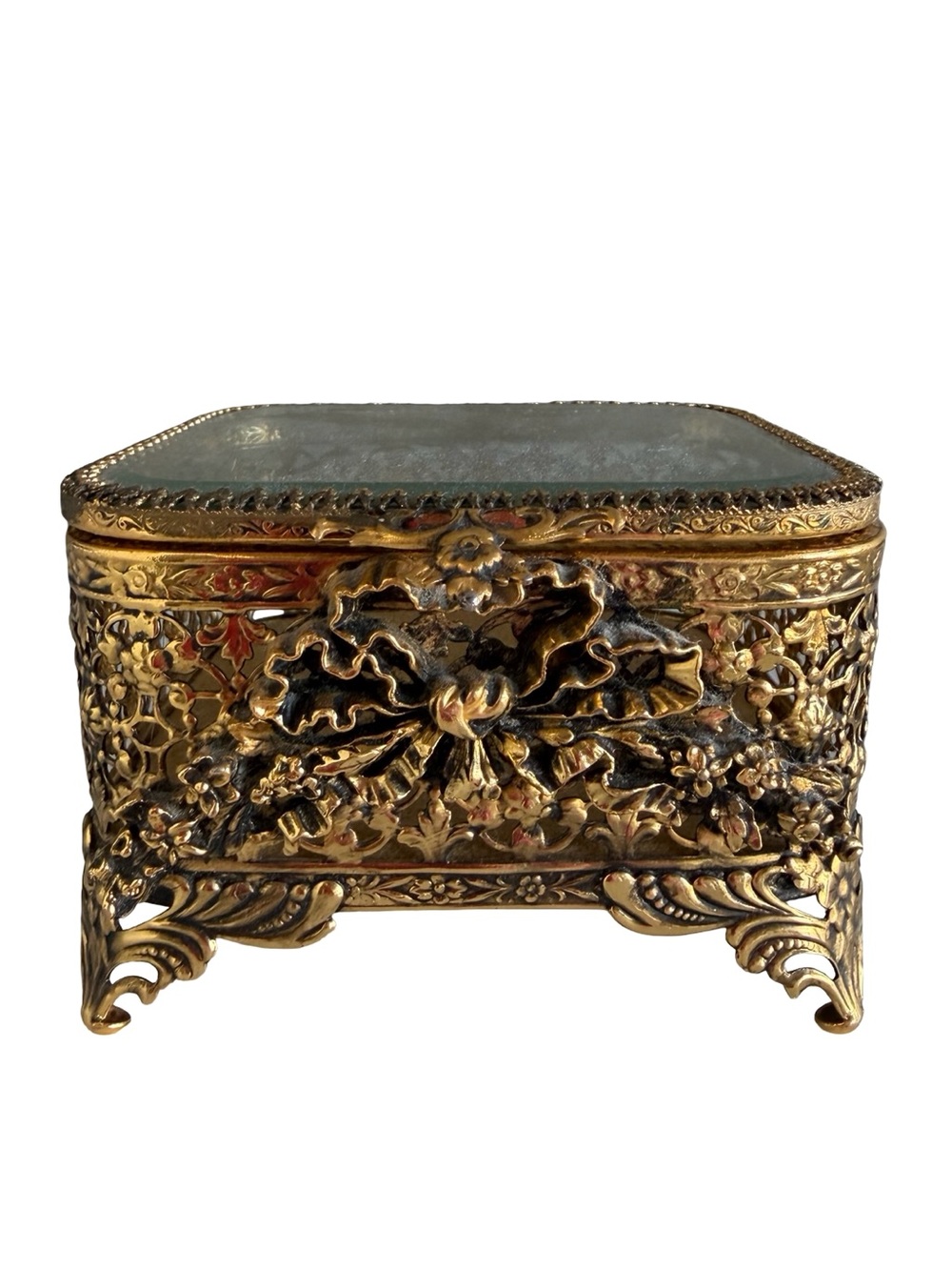 Ornate Gold Decorative Jewelry Box with Glass Top VINTAGE Marie Antoinette Style